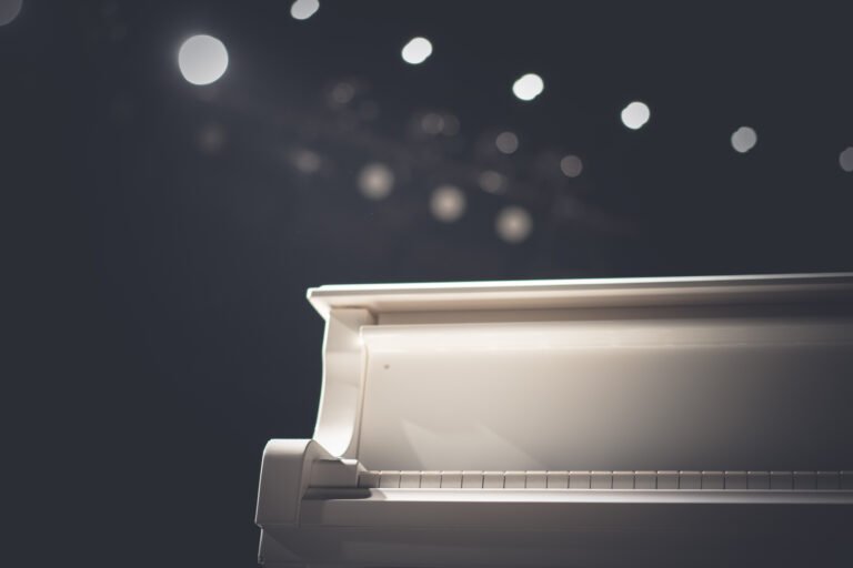 the grand white piano in a main hall concert.